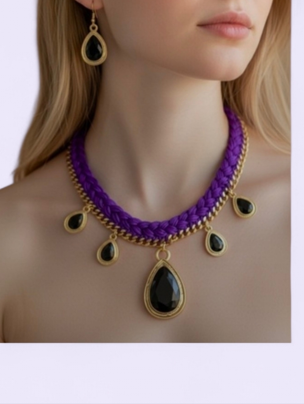 Clover St. Germain Purple Silk & Gold Teardrop Statement Necklace Set ~ NWOT